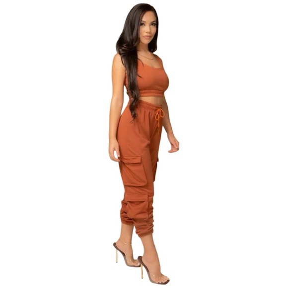 Ribbed Crop Top and Cargo Jogger Set Brown Medium - Picture 4 of 14